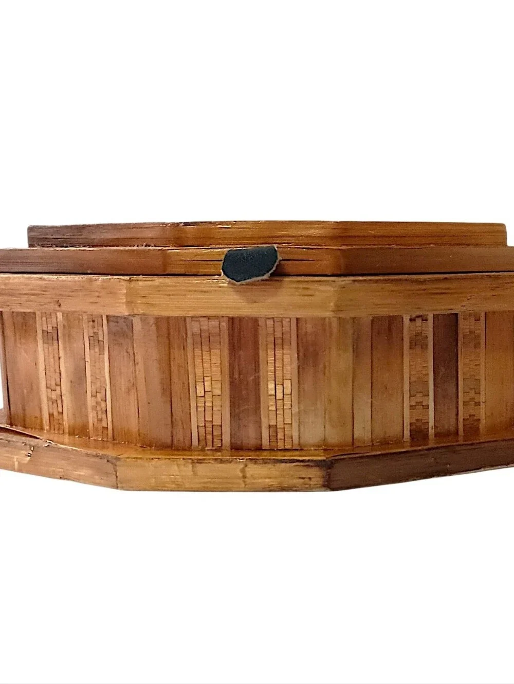 Vtg Straw Bamboo Inlaid Marquetry Trinket Jewelry‎ Box Wood Velvet Tramp Boho